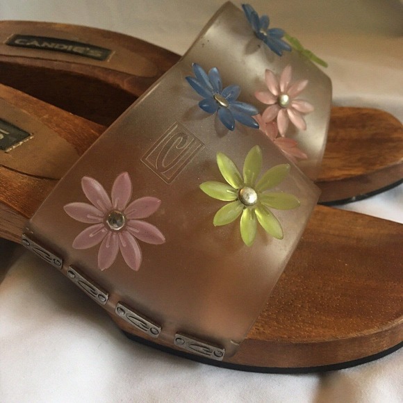 Candies Jelly Clog Clear Wooden Slide Sandal VTG Floral Chunky Womens Size 6 - Picture 5 of 8